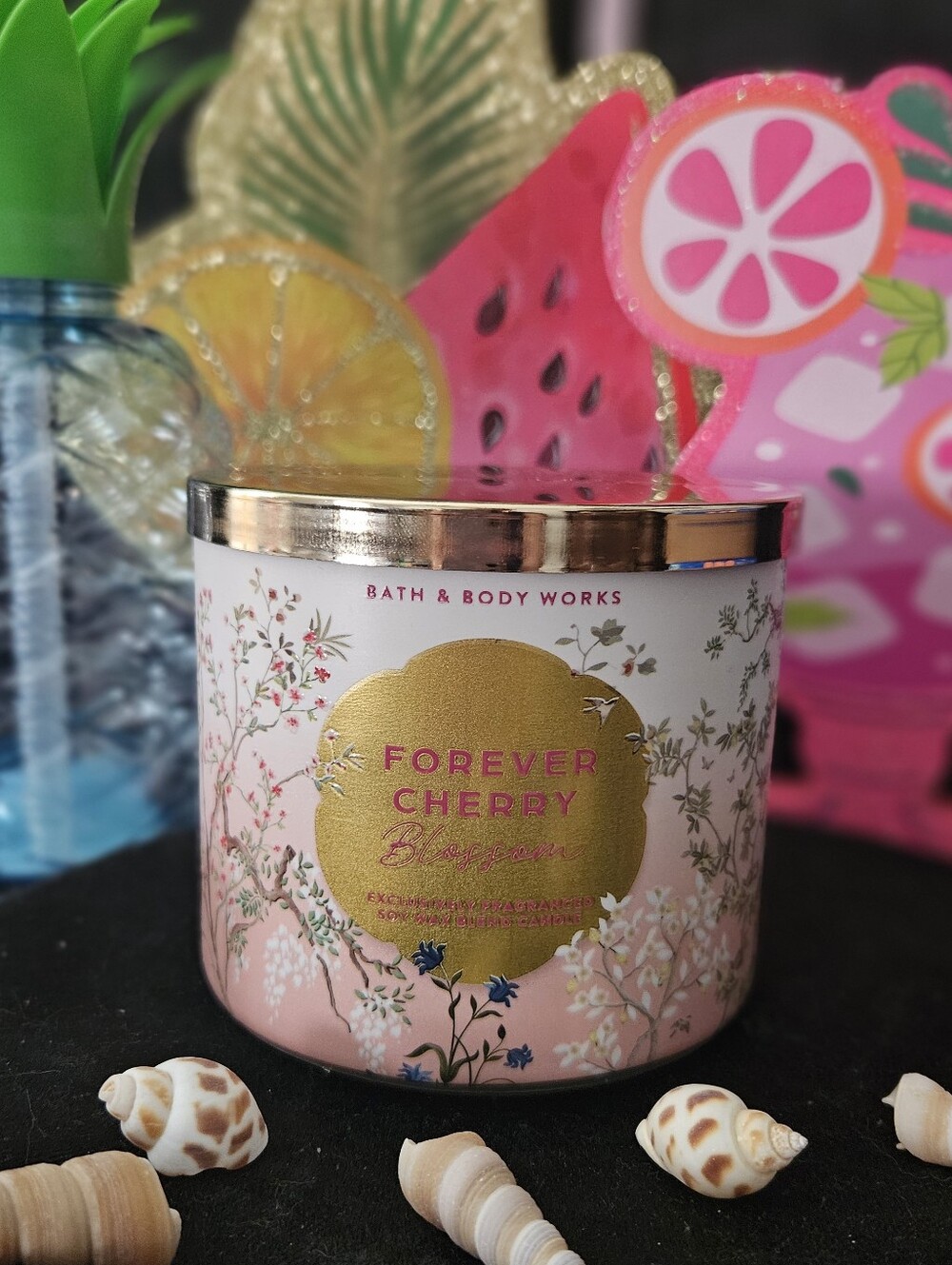 NWT Bath & Body Works Forever Cherry Blossom 3-wick Candle - Pink & Gold